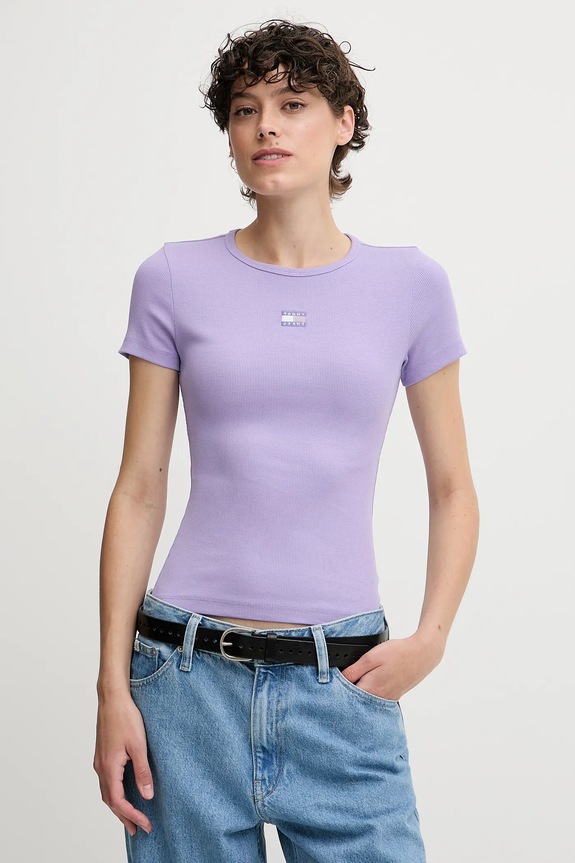 Tommy Jeans t-shirt damski bawełniany z elastanem aplikacja fioletowy DW0DW17881