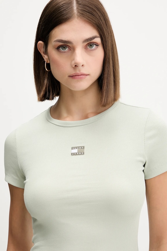 Tommy Jeans T-shirt γυναικείο βαμβακερό με ελαστάν πράσινο DW0DW17881