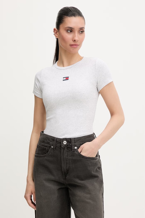 Tommy Jeans tričko dámske bavlnené s elastanom sivá DW0DW17881