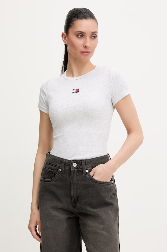 Tommy Jeans tricou damă din bumbac cu elastan gri DW0DW17881
