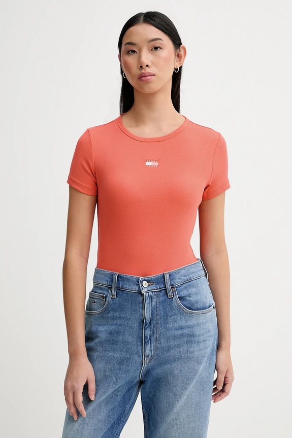 Tommy Jeans póló női pamut elasztánnal narancssárga DW0DW17881