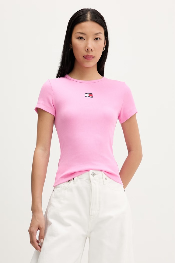 Tommy Jeans тениска дамска от памук с еластан розов DW0DW17881