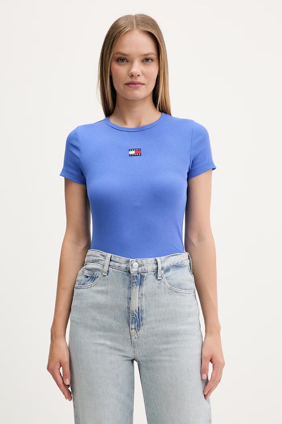 Tommy Jeans kratka majica ženska iz bombaža z elastanom modra DW0DW17881