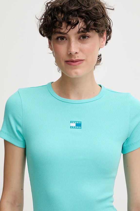 Odzież Tommy Jeans t-shirt damski bawełniany z elastanem DW0DW17881 turkusowy