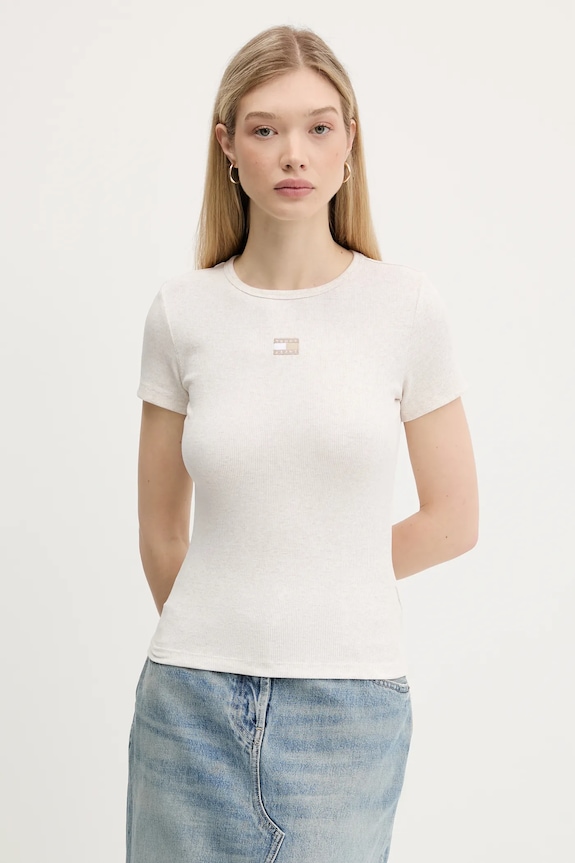 Tommy Jeans t-shirt damski bawełniany z elastanem beżowy DW0DW17881