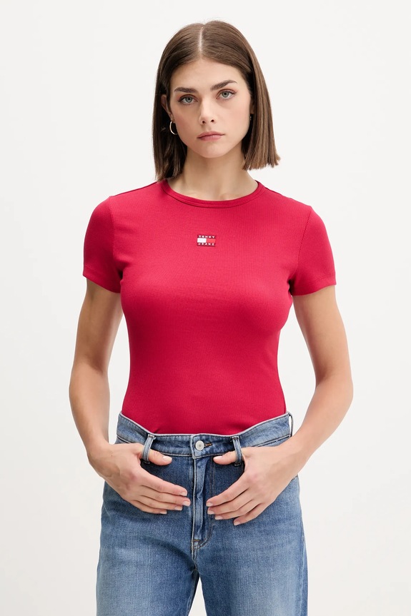 Tommy Jeans t-shirt damski bawełniany z elastanem aplikacja bordowy DW0DW17881