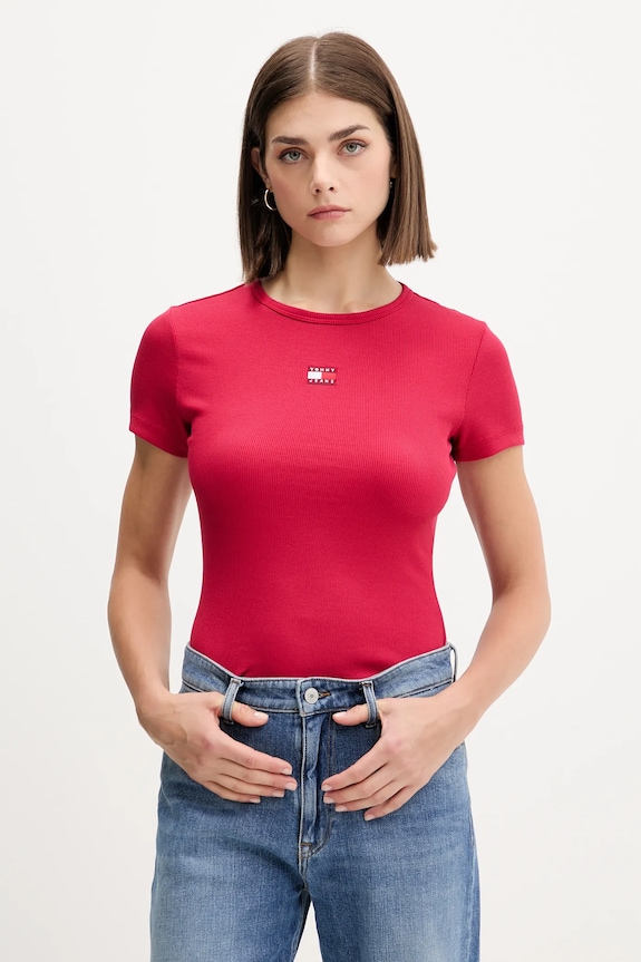 Tommy Jeans t-shirt damski bawełniany z elastanem aplikacja bordowy DW0DW17881