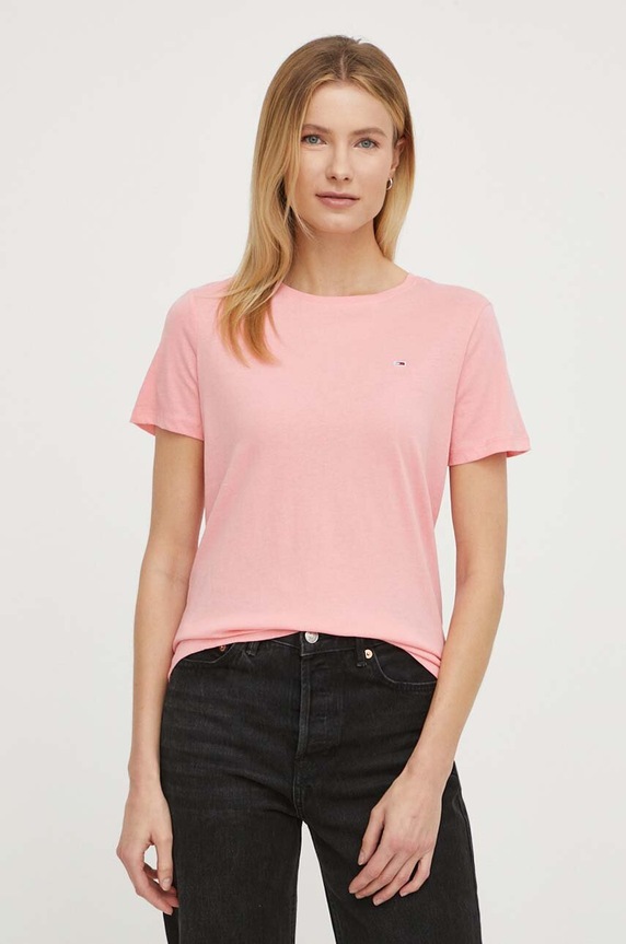 Bavlněné tričko Tommy Jeans hladký růžová DW0DW14616