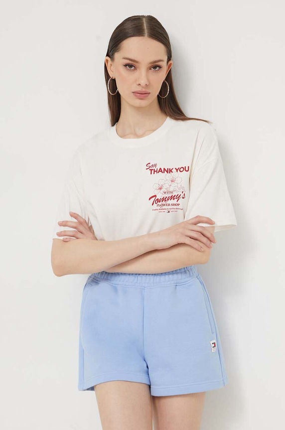 Tommy Jeans pamut póló bézs DW0DW17811