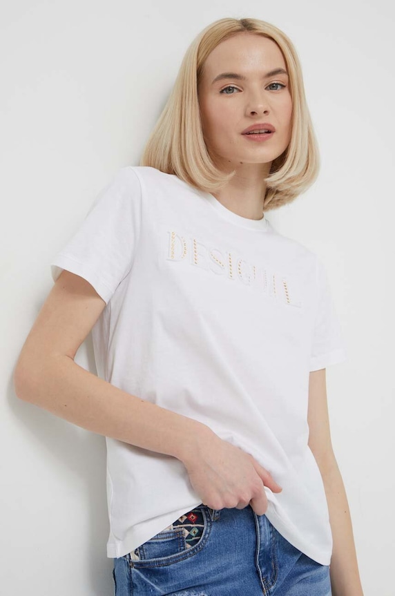 Desigual tricou din bumbac imprimeu alb 24SWTK58