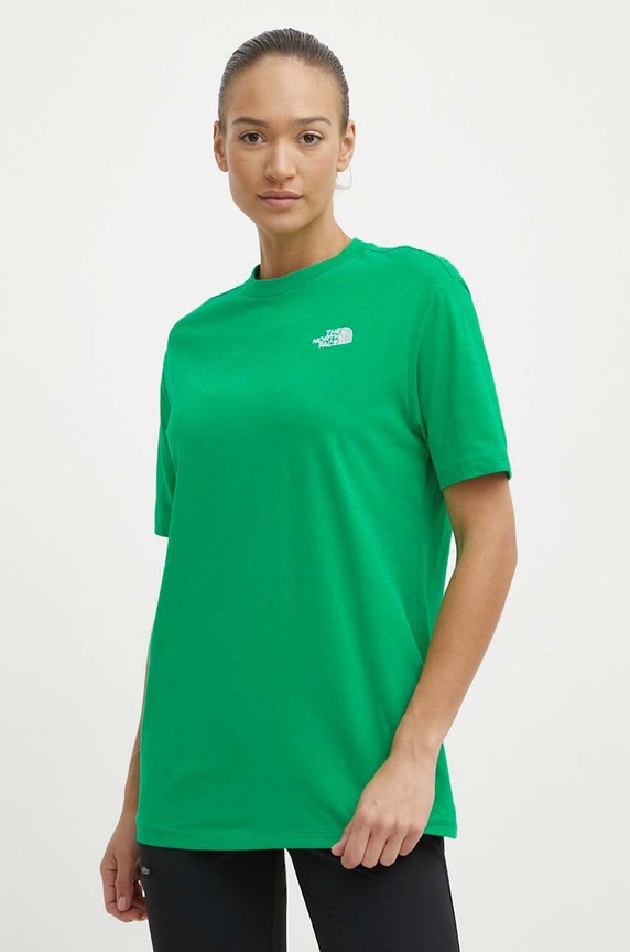Bombažna kratka majica The North Face W S/S Essential Oversize Tee Okrogel zelena NF0A87NQPO81
