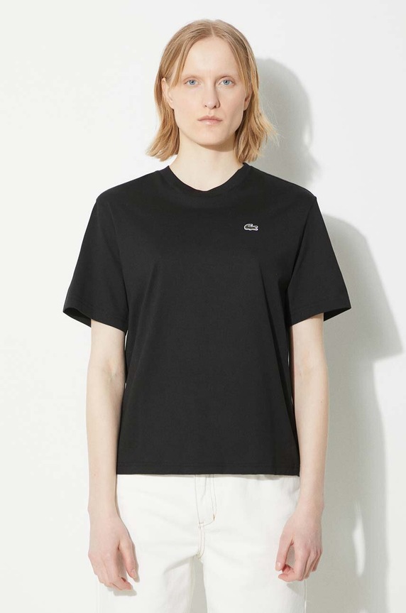 Lacoste T-shirt bawełniany damski gładkie czarny TF7215
