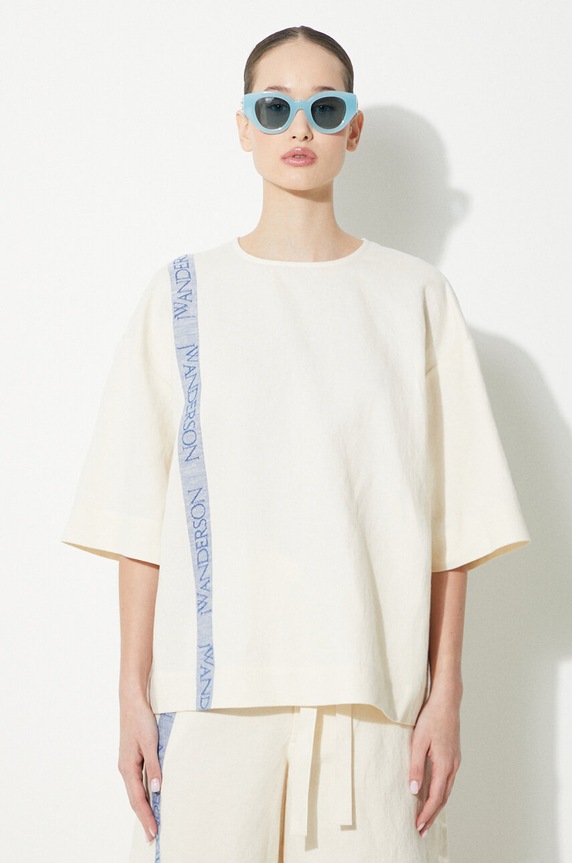 JW Anderson bluzka z domieszką lnu Boxy T-Shirt okrągły beżowy TP0320.PG1483.046