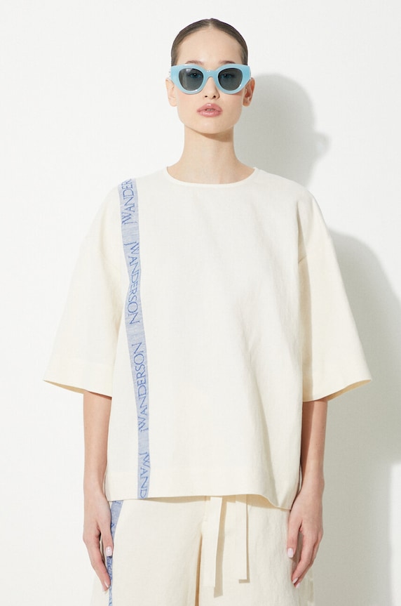 JW Anderson bluzka z domieszką lnu Boxy T-Shirt okrągły beżowy TP0320.PG1483.046