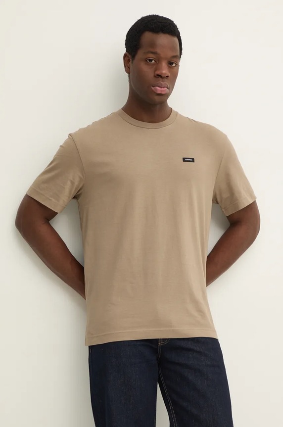 Calvin Klein tričko pánske bavlnené jednofarebný béžová K10K112749