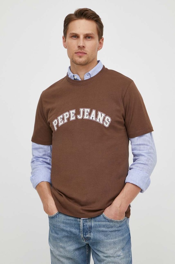 Bombažna kratka majica Pepe Jeans Potisk rjava PM509220