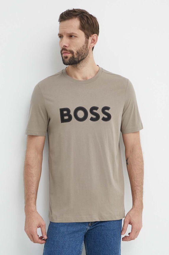 BOSS Green t-shirt bawełniany nadruk beżowy 50512866
