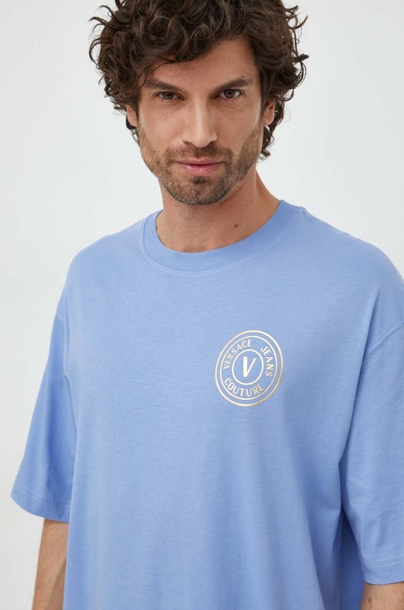 Versace Jeans Couture t-shirt bawełniany nadruk niebieski 76GAHT03.CJ00T