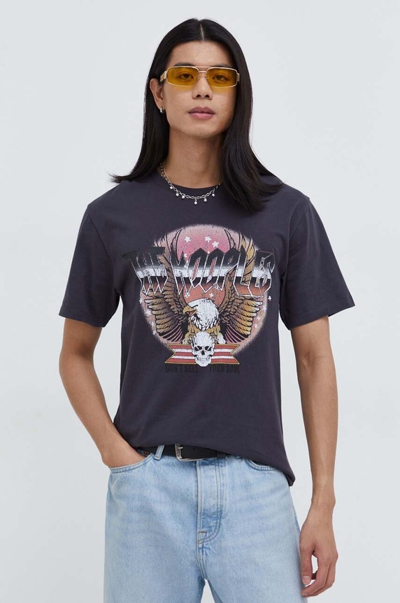 Bavlněné tričko The Kooples potisk šedá HTSC28013K