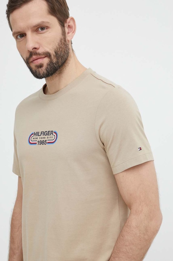 Bavlnené tričko Tommy Hilfiger potlač béžová MW0MW34429