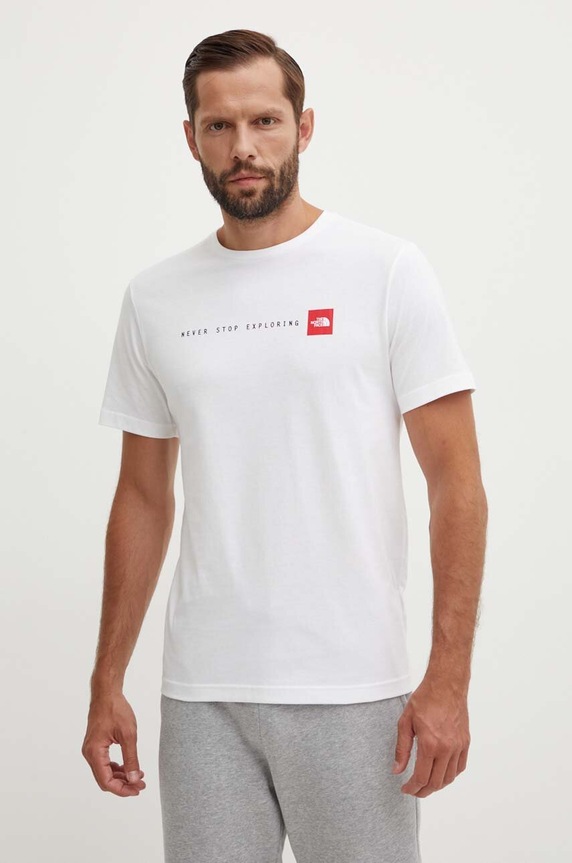 Pamučna majica The North Face M S/S Never Stop Exploring Tee Planet friendly bijela NF0A87NSFN41