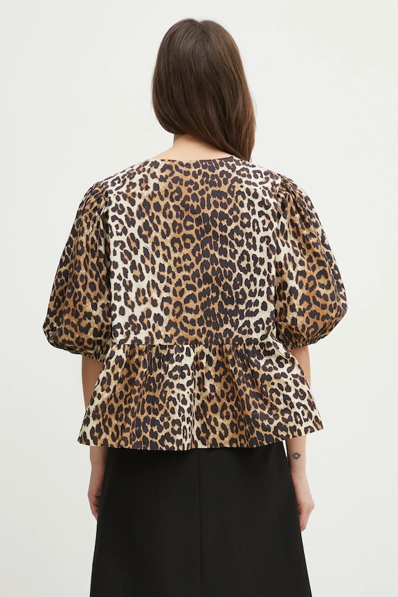 Odzież GANNI koszula bawełniana Printed Cotton Poplin Peplum F9116 brązowy