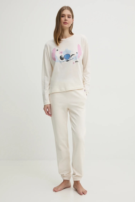 Pyžamové tričko s dlouhým rukávem United Colors of Benetton LILO&STITCH 3Y5E3M07D béžová SS25