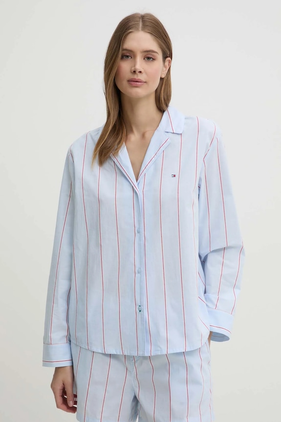 Bavlněná pyžamová košile Tommy Hilfiger UW0UW05764 modrá SS25