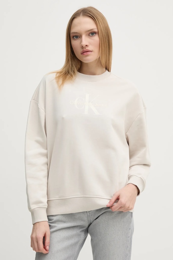 Bavlněná mikina Calvin Klein Jeans bez kapuce béžová J20J224724