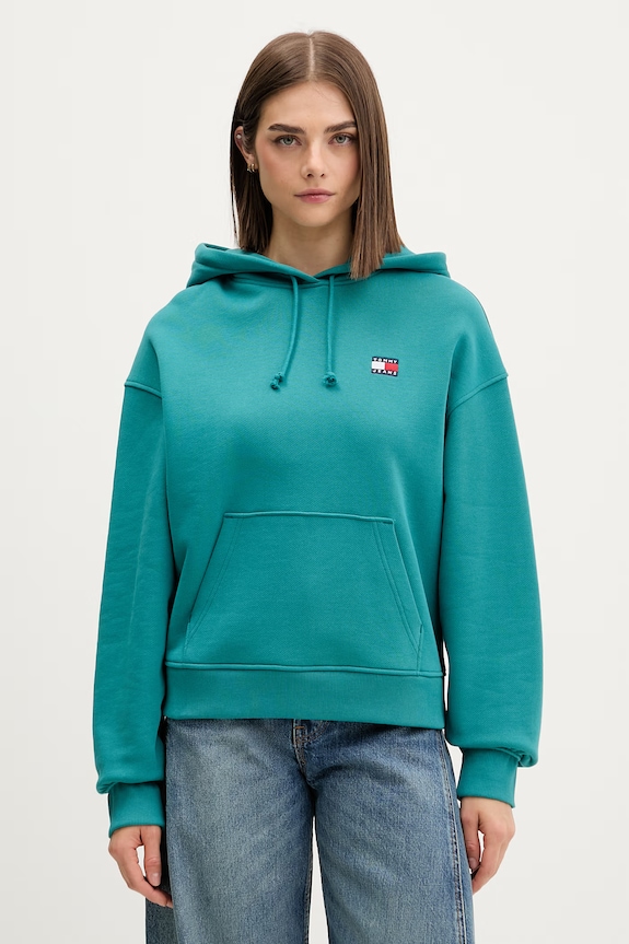 Tommy Jeans bluza z kapturem damska bawełniana turkusowy DW0DW19414