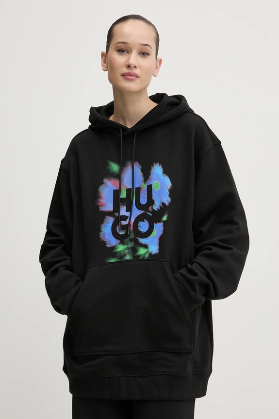 Pamučna dukserica HUGO print crna 50534047