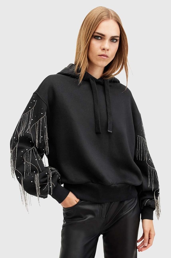 Bavlněná mikina AllSaints LENNON TASSEL s kapucí černá W002JA