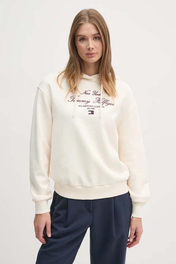 Bavlněná mikina Tommy Hilfiger s kapucí béžová WW0WW43842