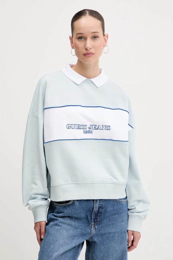 Bavlněná mikina Guess Jeans bez kapuce modrá W5GQ17.K68I4