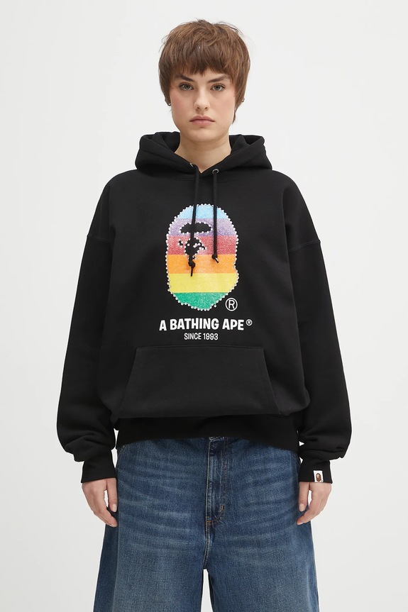 Bavlněná mikina A Bathing Ape Crystal Ape Head Oversized Pullover potisk černá 1L30214003