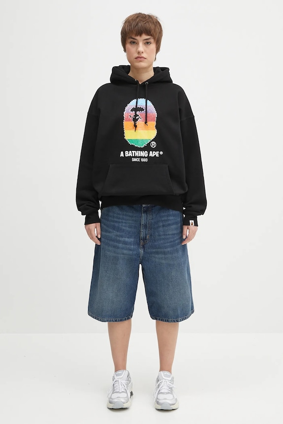 Bavlněná mikina A Bathing Ape Crystal Ape Head Oversized Pullover 1L30214003 černá