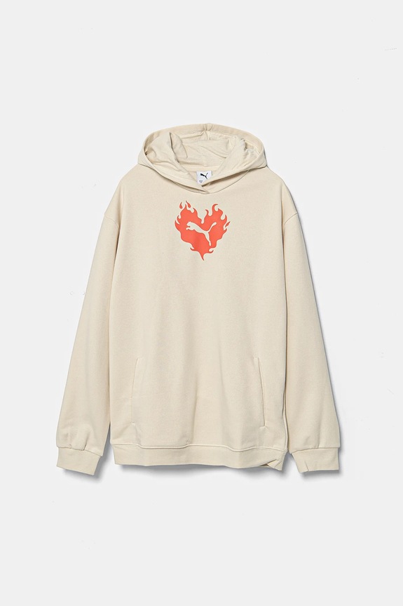 Bavlněná mikina Puma FLAMING LOVE Hoodie TR s kapucí béžová 685109