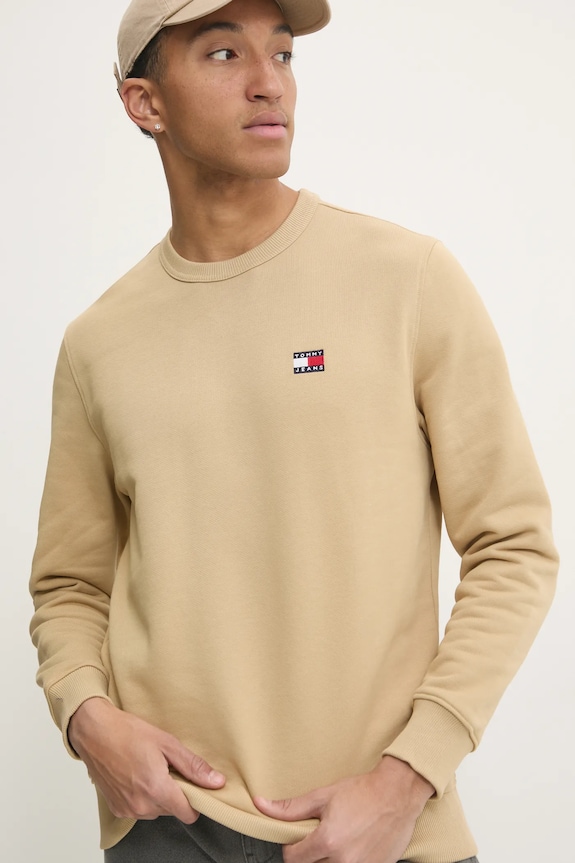 Bavlněná mikina Tommy Jeans bez kapuce béžová DM0DM20660