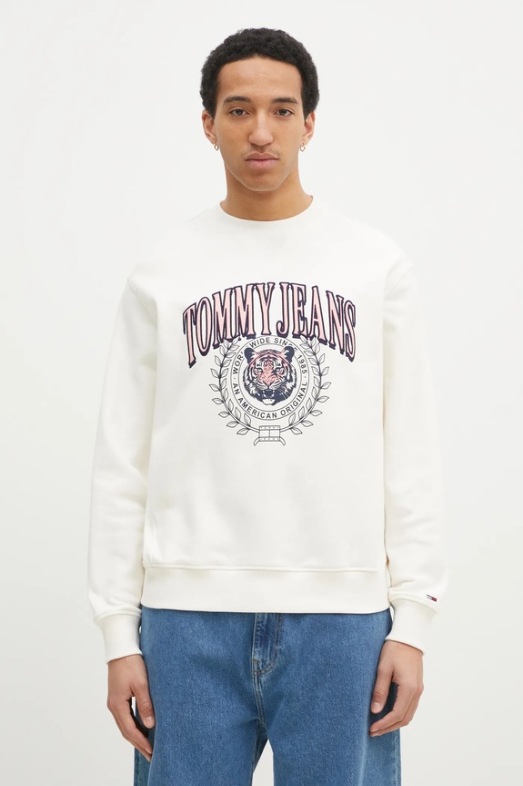 Bavlněná mikina Tommy Jeans bez kapuce béžová DM0DM20640