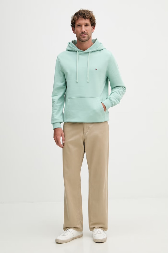 Tommy Hilfiger hanorac cu glugă bărbați din bumbac MW0MW37235 turcoaz SS26