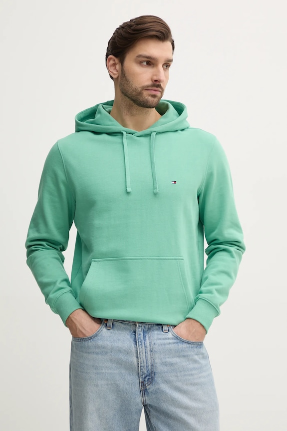 Tommy Hilfiger hanorac cu glugă bărbătesc din bumbac melanj verde MW0MW37235