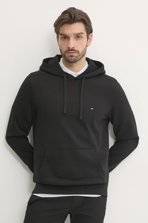Tommy Hilfiger hanorac cu glugă bărbătesc din bumbac melanj negru MW0MW37235