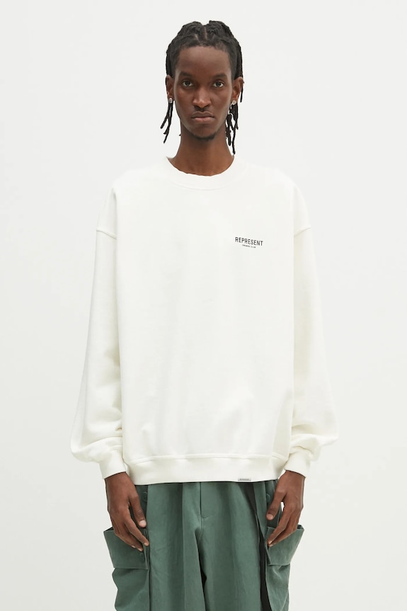 Памучен суичър Represent Owners Club Sweater надпис бежов OCM41115.072