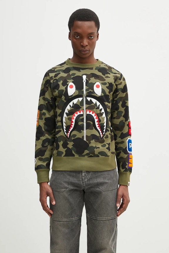A Bathing Ape felpa in cotone 1St Camo Shark Crewneck stampa all-over verde 1K80113010