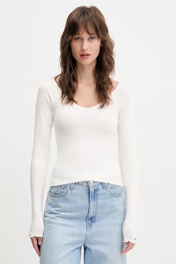 Tommy Jeans longsleeve z elastanem beżowy DW0DW20236