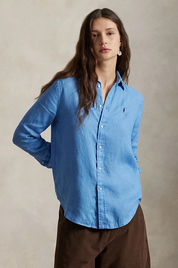 Πουκάμισο από λινό Polo Ralph Lauren μακρύ μπλε 211970730