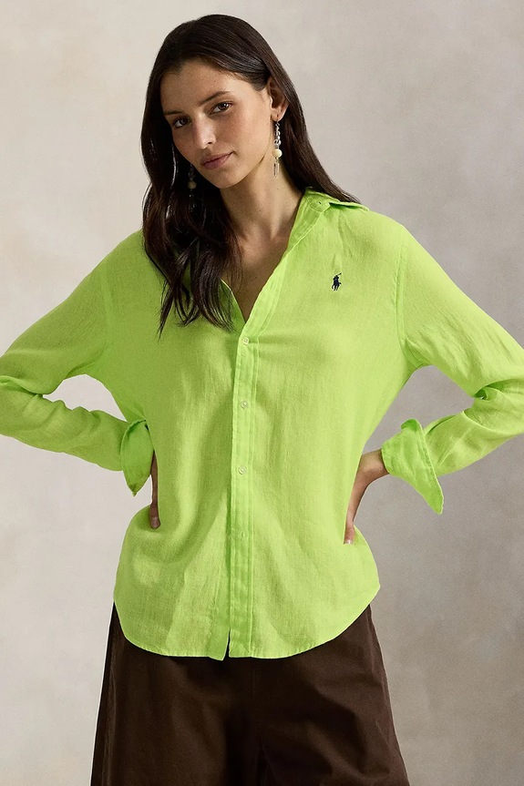 Πουκάμισο από λινό Polo Ralph Lauren μακρύ πράσινο 211970730