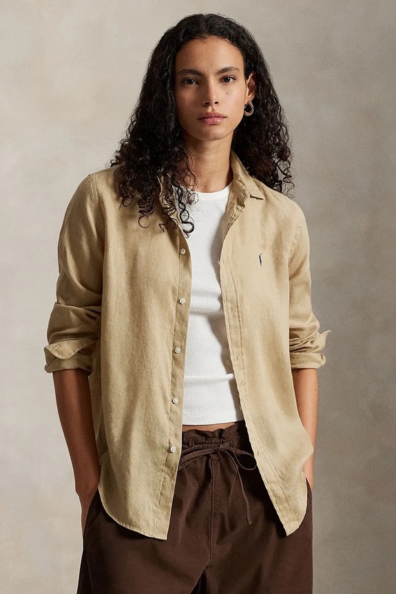 Πουκάμισο από λινό Polo Ralph Lauren μακρύ μπεζ 211970730