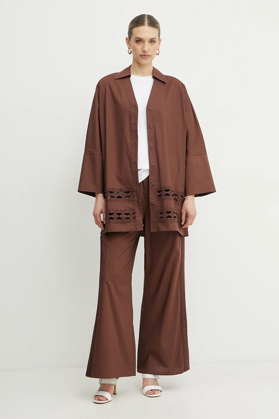 Βαμβακερό πουκάμισο Twinset 251LB2KBB καφέ SS25