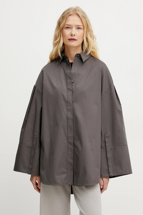 Βαμβακερό πουκάμισο MM by Max Mara μακρύ καφέ 2516191017600